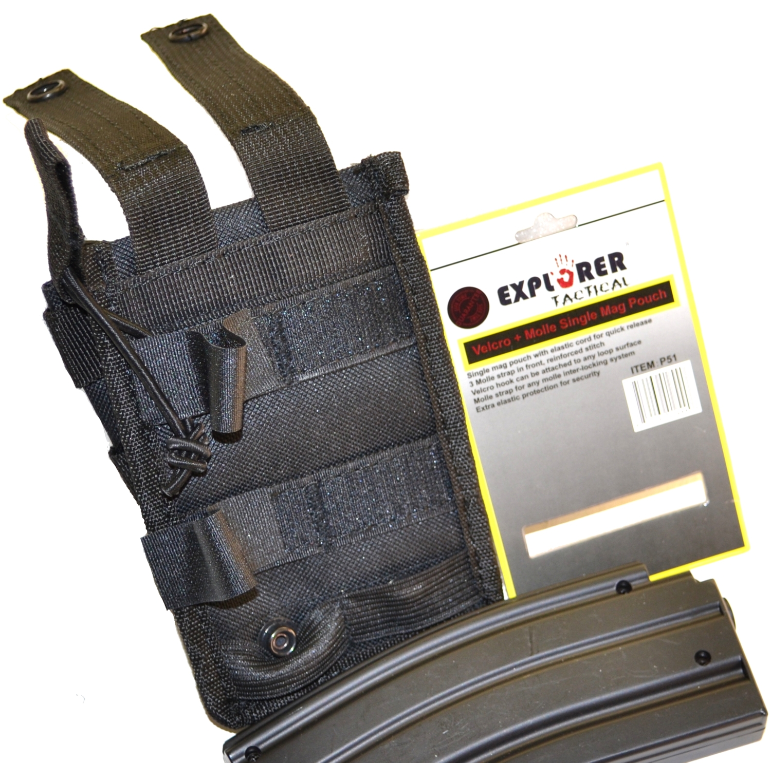 P11, P53 Single Mag Pouch elcro mag holder with finger tab for easy access M.O.L.L.E straps Drain holes Extra Velcro at back for us inside your backpack or gun case Mag Pouches Leave a comment