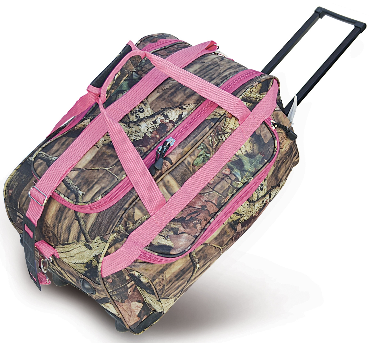 Explorer Duffle ON Wheels with two wheels, hard board, pulling handles, front two pockets Black, Pink Camo Mossy Oak 22 inch 30 inch
