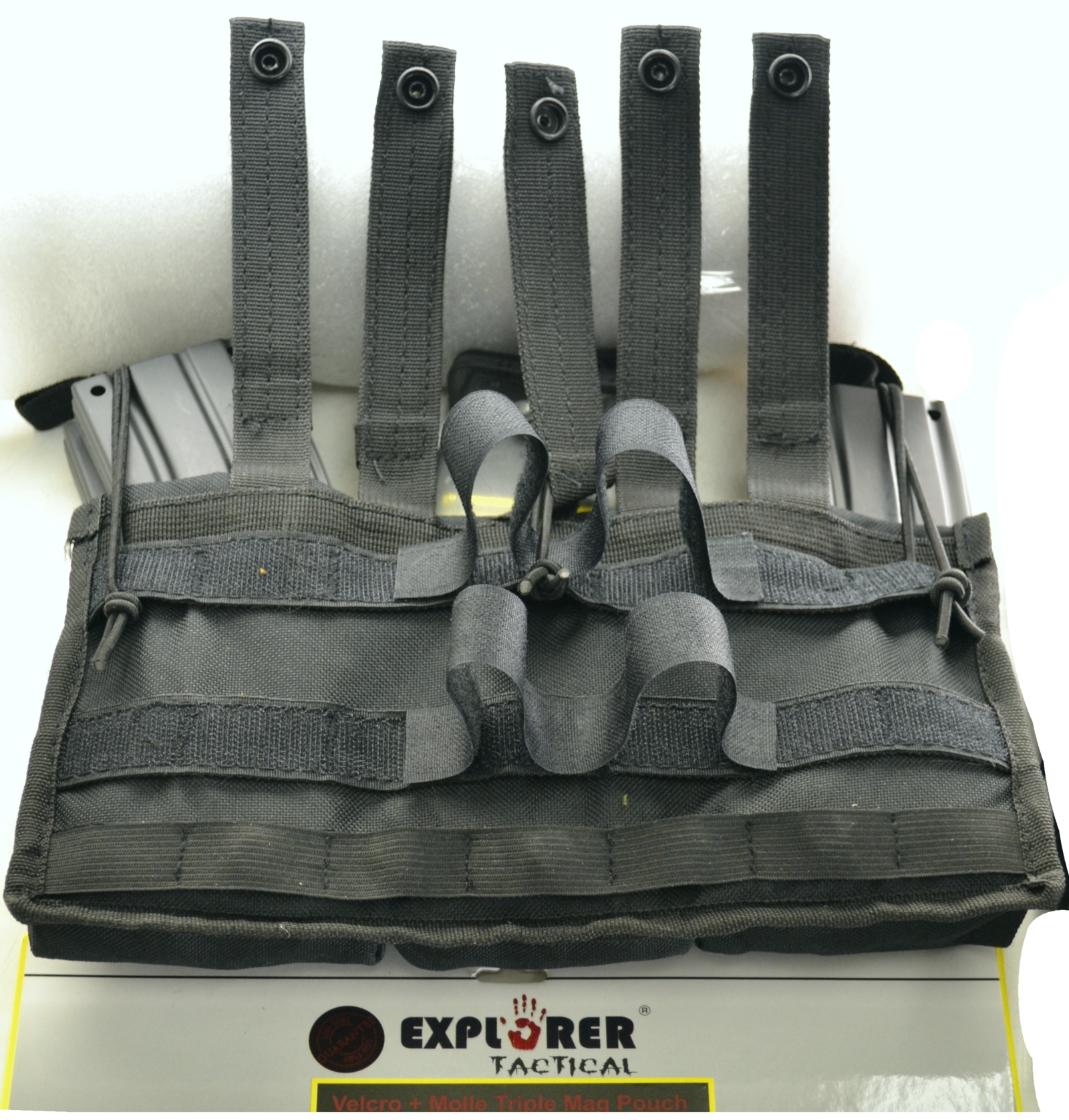 P11, P53 Single Mag Pouch elcro mag holder with finger tab for easy access M.O.L.L.E straps Drain holes Extra Velcro at back for us inside your backpack or gun case